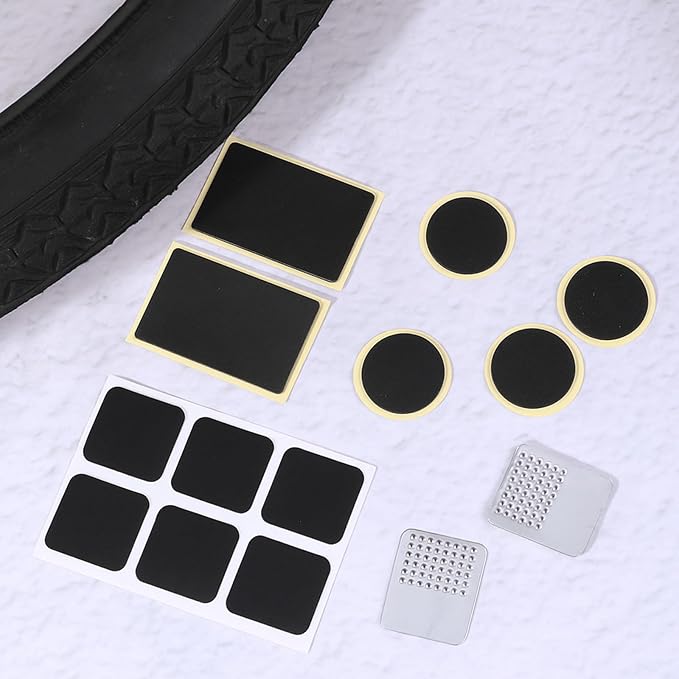 40 Pcs Bicycle Tire Repair Kit Glueless Bike Tube Patche Includes 36Pcs Self Adhesive Round Square Rectangle Patches and 4Pcs Metal Rasps with Box for Road Mountain Bikes Cycling