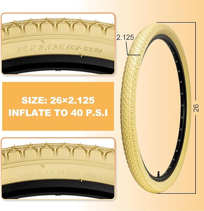 Hycline 26x2.125 Cruiser Bike Tires Set: 2-Pack 26-inch Premium Butyl Rubber High-Performance Folding Replacement Bicycle Tires for Beach Cruiser and Urban Commuting Bicycle