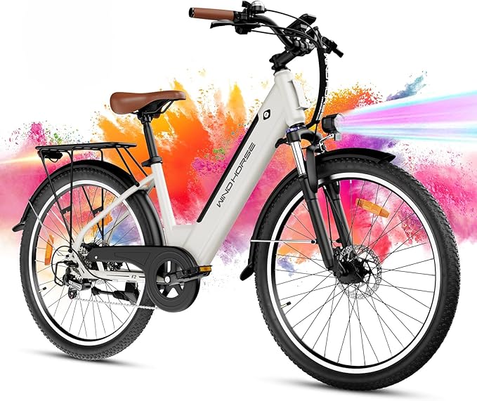 WINDHORSE 26" Electric Bike for Adults 20MPH & 30-50 Miles Range, Shimano 7-Speed, 468WH Removable Battery Commuter Ebike with 750W Peak Motor, Front Suspension, Rear Rack, Fenders, UL2849 Certified