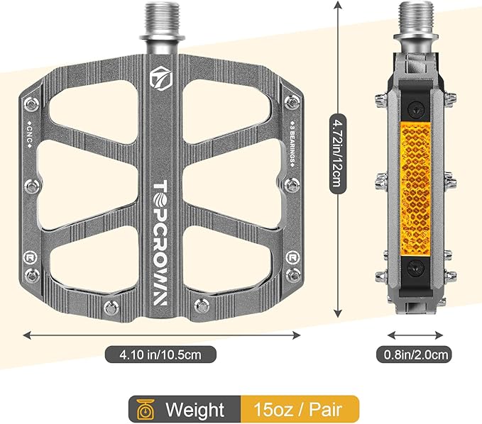 Mountain Bike Pedals with Reflectors, Aluminum Metal Bicycle Flat Pedals 9/16" - 3 Sealed Bearings, Non-Slip Wide Platform with Removable Pins for MTB, Road Bike, BMX, Ebike