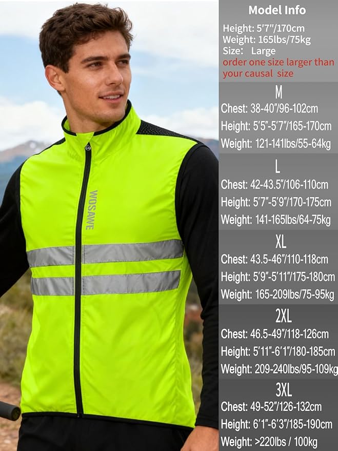 WOSAWE Men's High Visibility Cycling Wind Jacket Water Resistance Reflective Windbreaker