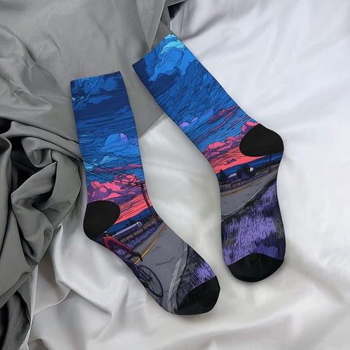 (Cycling on the road) Mid Calf Socks Breathable Adult Unisex Socks Casual Daily Wear for Women Men