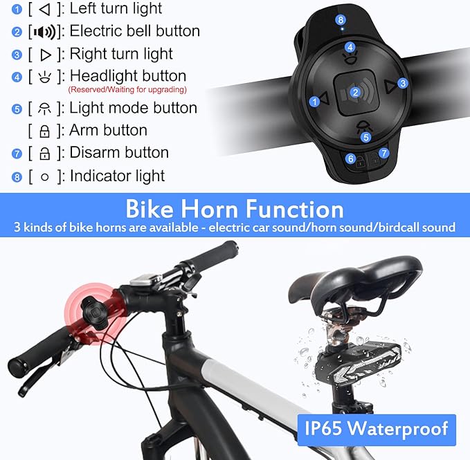 NineLeaf Bike Turn Signals, Turn Signal Kit for Ebike, Bike Turn Signals Front and Rear Auto On/Off Electric Bell Automatic Brake Light Remote Control Rear Light USB Rechargeable IP65 Waterproof