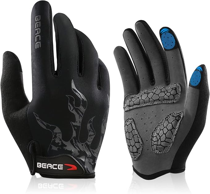 BEACE Cycling Gloves for Men Women - Full Finger Mountain Bike Gloves With Touch Screen and Anti-Slip Silicone Palm - Workout and Road Bicycle Gloves