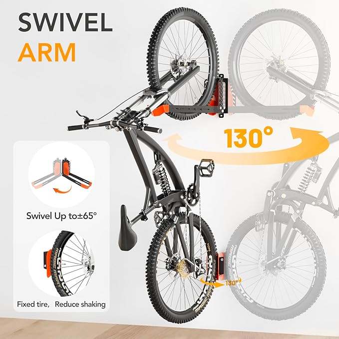 2-Pack Swivel Bike Rack Wall Mount, Bike Hangers for Garage, Space-Saving Vertical Bike Holder, Holds up to 77 lbs, Bicycle Wall Hanger Storage, No Heavy Lifting Required Indoor Hanging Bike Rack