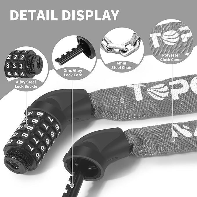 Bike Chain Lock 3.2Ft Long High Security Heavy Duty Anti Theft, 5 Digit Combination Resettable Keyless Bicycle Lock for Bike/Electric Scooter/Ebike/Motorcycle(Grey)