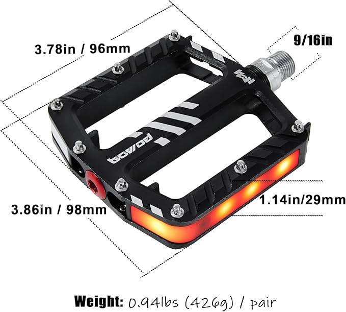 Bicycle Pedals with LED lights 5 Modes, Tap On-Off, USB Rechargeable, Waterproof, Flat CNC Aluminum Road Bike Pedals w 9/16" Cr-Mo Steel Axel w Pin, for Ebike, Commuter, Hybrid, City, Beach Bike