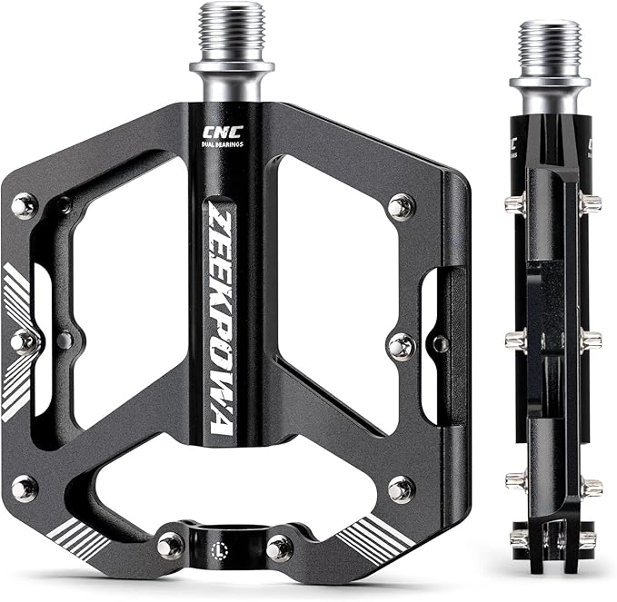 Zeekpowa Mountain Bike Pedals Flat, Road Bike Flat Pedals 16 Removable Anti-Skid Nails 9/16" Chromo Spindle Sealed Bearings Ultra CNC Aluminum Pedals Non-Slip Wide Platform Road/City Cycling