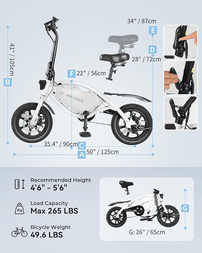 ANCHEER 14” Folding Electric Bike for Adults, 20MPH Ebike with 350W Motor[Peak 500W], 48V 374Wh Battery, Cruise Control, UL2849 Compliant Electric Bicycle, Compact Electric Mini Bike for Teens