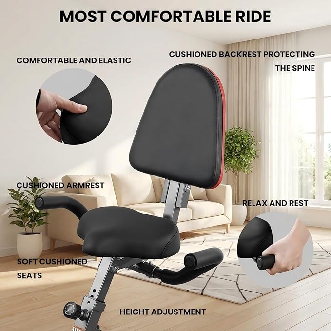 Exercise Bike, 4 IN 1 Stationary Bike, Foldable Folding Exercise Bike with 16-Level Magentic Resistance, Support Back Pad and Phone/Tablet Holder, Arm Resistance Band, Pulse Sensor, LCD Monitor for Home Workout 265LB Capacity