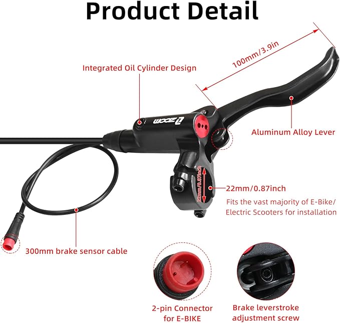 Z00M HB875E Ebike Hydraulic Disc Brake Set, Electric Power-Off Hydraulic Brake Set with 180mm Rotors, Pre-Bled with Mineral Oil Brakes Kit for eBike, Mountain Bike, Road Bike