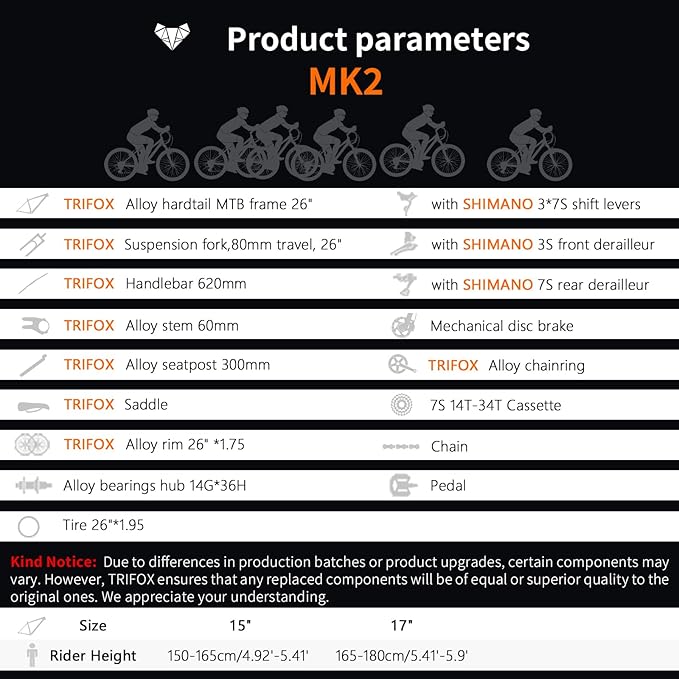 TRIFOX Aircraft-Grade Aluminum Alloy 26 Inch Mountain Bike with Shimano 21 Speed, Front Suspension Frok, Dual Disc Brakes, 15/17 Inch Frame for Men Women Boys and Girls