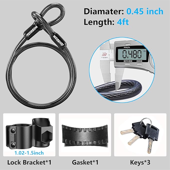 Bike Lock - Heavy Duty Anti Theft Bike U Lock with 5ft Security Steel Cable - 17mm Shackle Bicycle U-Locks with Keys & Sturdy Mounting Bracket for Road, Mountain, Electric Bike