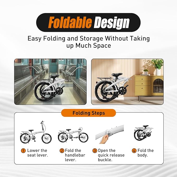 20 Inch Folding Bike 7 Speed Foldable Bicycle with Dual Disc Brakes Front Rear Fenders Adjustable Seat and Handlebar 176Lbs Capacity, Commuting City Bicycle