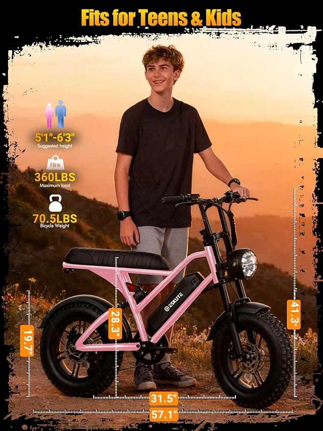 ESKUTE V100 Electric Bike for Adults, Electric Dirt Bike 1500W Peak Motor, All Terrain Dual Suspension E Bike 28MPH Top Speed, Ebike Up to 60 Miles Range, 16" Fat Tire, 48V13Ah Battery, 7-Speed