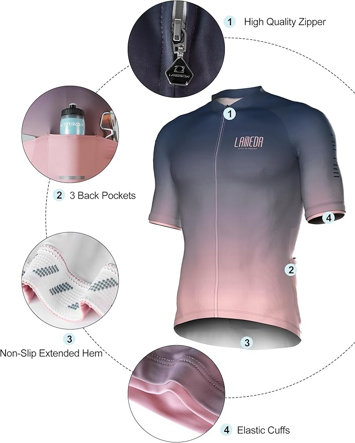LAMEDA Mens Cycling Jersey Short Sleeve Biking Shirt with 3 Rear Pockets Moisture Wicking Breathable Quick Dry Bicycle Jersey