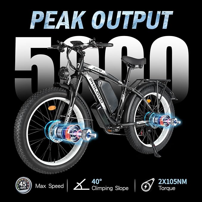 5000w Dual Motor Electric Bicycles, 60V Battery E-Bike with 45 MiIe P-Hour Electric Bike for Adults, 26 Fat Tire Hunting Ebike for All Terrain, Full Suspension Electric Ebike