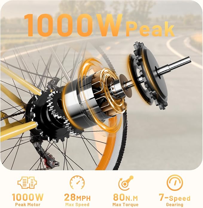 26'' Electric Bike, Peak 1000W Motor 28MPH, 48V 16AH Removable Battery 85Miles, Step Thru City Cruiser Ebike, Lightweight Commuter E-Bike with Aluminum Frame,7-Speed, Full Suspension