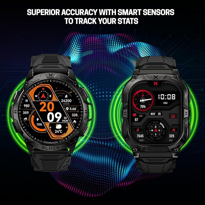 CARBINOX Blaze Smart Watch with GPS – Rugged Fitness Trackers, IP69K Waterproof, 170+ Sports Modes, Gorilla Glass, Make/Receive Calls, Android & iOS Compatible (Round Ultimate Pack)