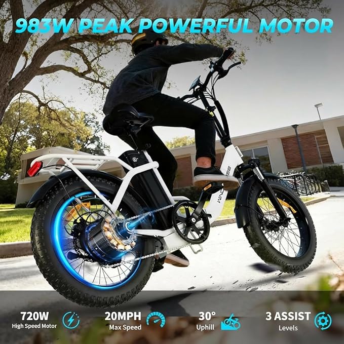 WINDHORSE 20" Foldable Electric Bike, 983W Peak Motor, 20MPH, 40–70 Miles, 48V 748.8Wh Removable UL Battery, Front Suspension, Fat Tire E-Bike for Commuting, Beach, All -Terrain | Adults & Teens