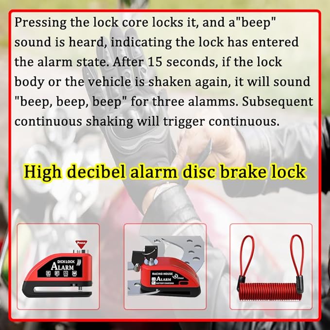 Motorcycle Alarm disc Brake Lock - USB Rechargeable, 130 Decibel Sound, Anti-Theft and Waterproof, Suitable for Various Bicycle and Motorcycle Models. with Reminder Rope and hex Wrench. (Red)