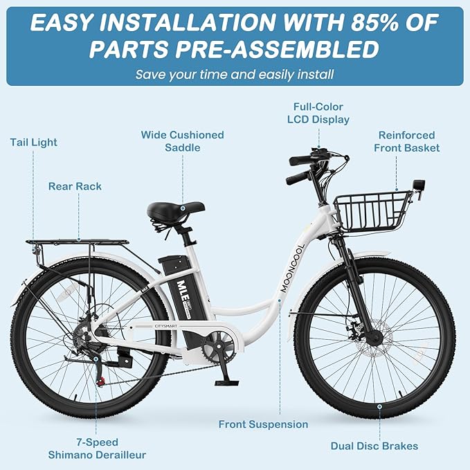 LILYPELLE Electric Bike for Adults, 700W Peak Power Commuter Ebike with 36V 10.4Ah Removable Battery, 7-Speed 24'' 26'' Tires City Cruiser Ebike E-Bicycle