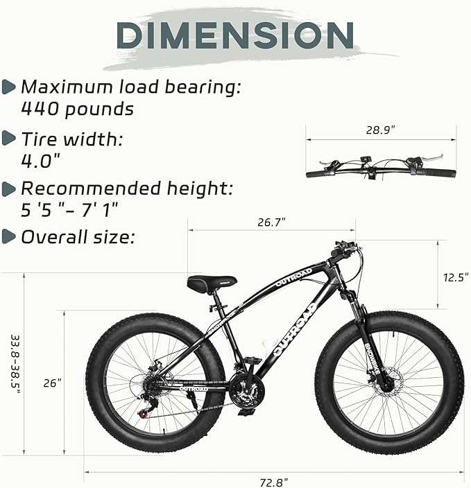 Outroad Fat Tire Mountain Bike with 26 inch Wheels, 21 Speed with High Carbon Steel Frame, Double Disc Brake and Front Suspension Anti-Slip Bikes