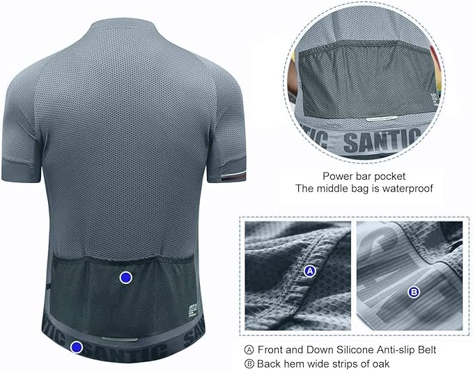 Santic Men's Cycling Jersey Short Sleeve Tops Pro Road Bike Shirt Full Zipper UPF 50+ MTB Jersey with Pockets