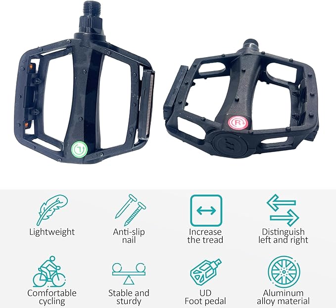 A Pair Bike Pedals, Lightweight Platform Pedals with Reflector for Mountain Bike Road Bike BMX/MTB Bike, Threads Size 9/16