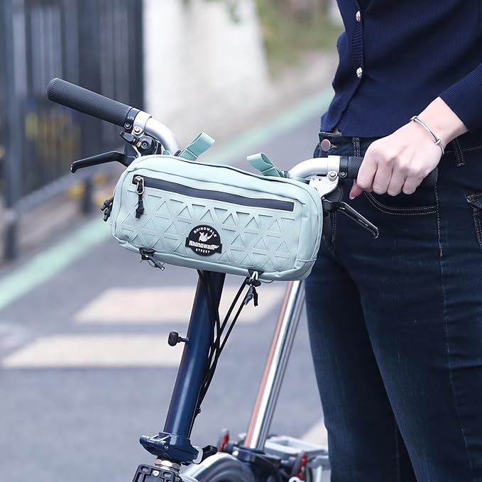 Rhinowalk Handlebar Bag for Brompton Folding Bike & Road Bikes, 1.9L Compact Pouch with Shoulder Strap, 3-Point Mounting, Front Zipper Pocket, Internal Storage for Cycling & Commuting (Duck Egg Blue)