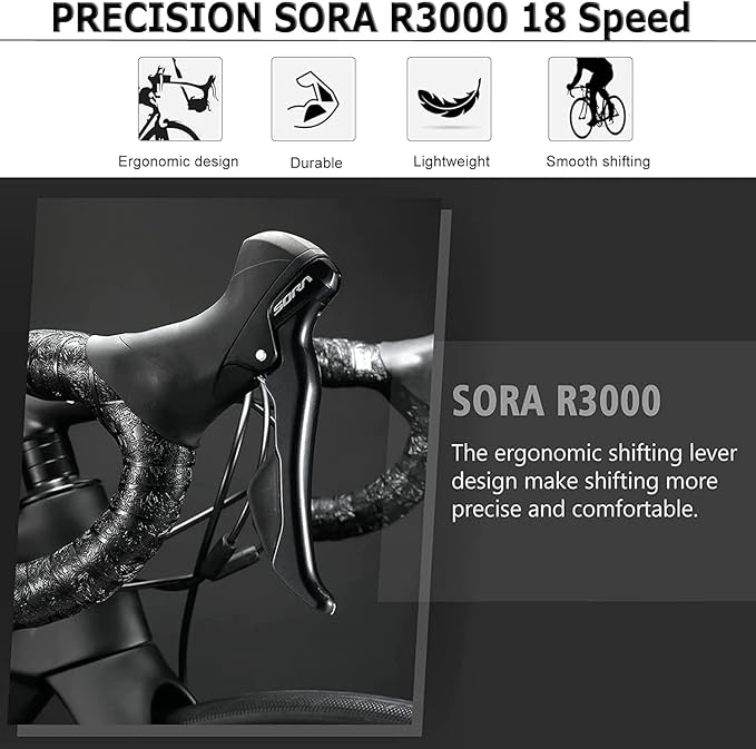 KABON Carbon Gravel Road Bike, T800 Carbon Fiber Frame 700C Road Bike with 18 Speeds Drivetrain, Integrated Carbon Handlebar, Disc Brakes Racing Bicycle for Adult Unisex