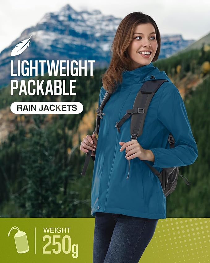 33,000ft Women's Rain Jacket Waterproof Lightweight Packable Raincoat with Hood for Golf Hiking Travel Windbreaker