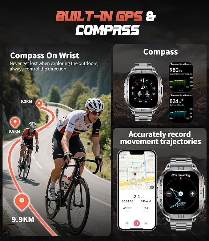LIGE DM6 GPS Military Smart Watch for Men, 2.13'' AMOLED Always on Display Fitness Tracker, LED Flashlight/Compass/IP68 Waterproof Smartwatch, 170+ Sports Smartwatches for Android iOS, Black-Orange