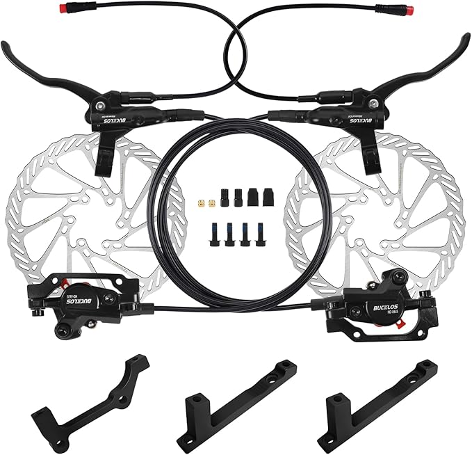BUCKLOS Ebike Hydraulic Disc Brake Set with 180mm Rotors 2 Pistons Electric Power-Off Left Front 1100mm Right Rear 1800mm Aluminum Alloy Lever for Scooter/MTB Mountain Bike(Included Adapters)