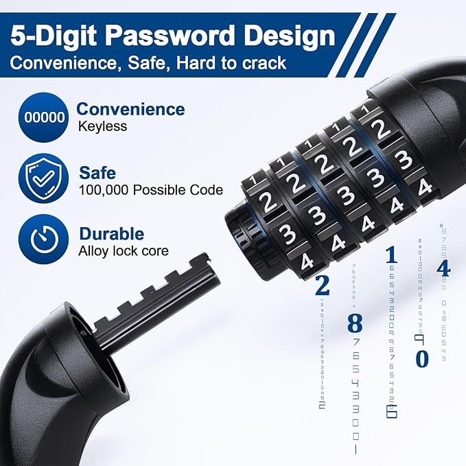 NDakter Bike Lock, 5 Digit Combination Heavy Duty Anti Theft Bicycle Chain Lock, 2.62/3.2/4.27/5/6Ft Long, High Security Resettable, Suitable for Bike, Scooter, Door, Gate, Fence-4/6mm Thick