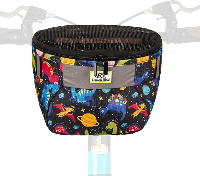Kids Bike Basket,Durable Front Frame Bicycle & Scooter Basket Bag,Waterproof Fabric Bicycle Handlebar Bag for Boys, Girls, Toddlers with Zipper Mesh Lip (Dinosaur)