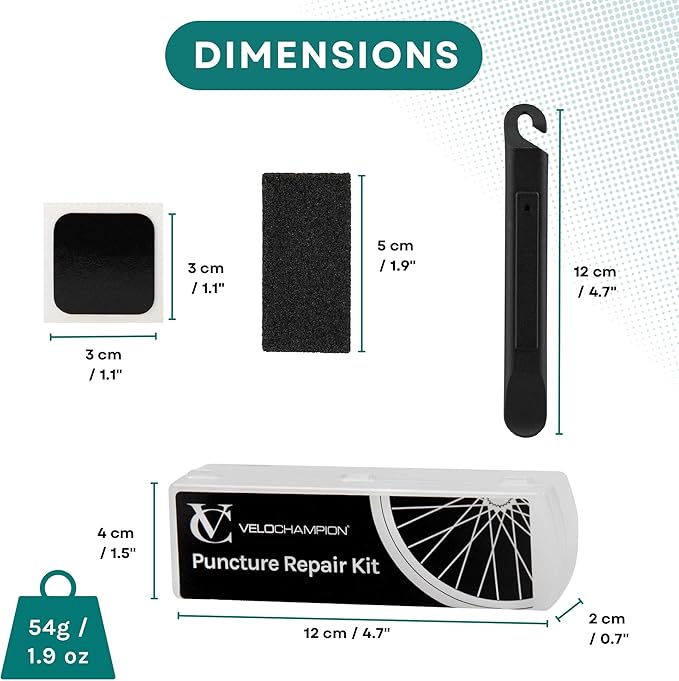 VeloChampion Puncture Repair Kit | Self-Adhesive Bike Tyre Patches for Road, MTB, BMX, Ebike| Travel Size Bicycle Puncture Repair Kit | 6, 10 or 40 Pack + Optional Tyre Levers