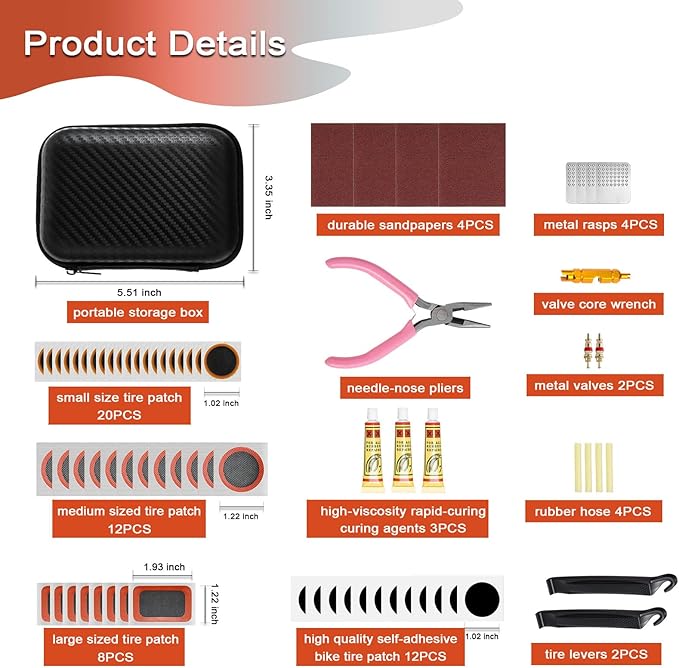 74 Pcs Bike Tire Repair Kit,Portable Bicycle Tire Patch Kit,Premium Tool Kit with Valve Core Wrench,Needle-nose Pliers,Suitable for Mountain and Road Bike