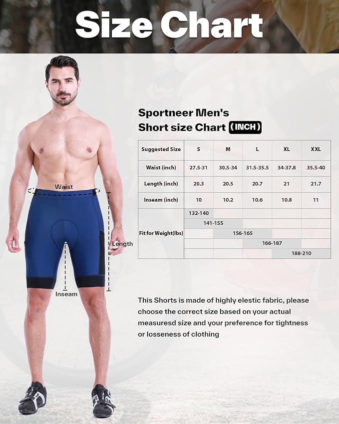 Sportneer Padded Bike Shorts for Men - 4D Padding Mens Bicycle Cycling Biking Clothing Shorts, Breathable and Absorbent
