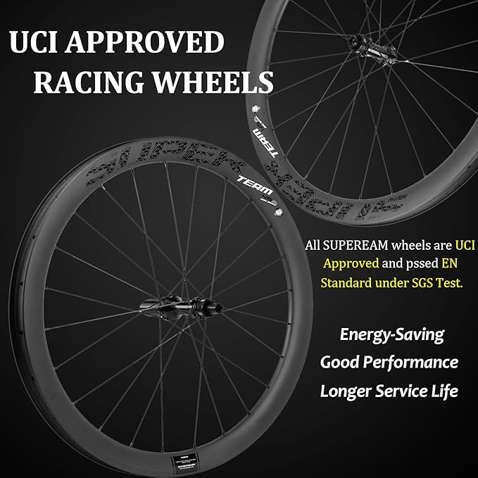 Superteam Carbon Wheelset Disc Brake 700c Road Bike Wheels 45/50/53mm Depth Tubeless Ready Cycling Wheels, for 8-12 Speed Center Lock / 6 Bolt, Thru Axle/QR Type