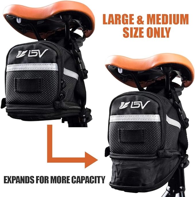 BV Strap-On Bike Bag with Reflective Material - Saddle Bag with Seperate Divider for Small Items for All Your Essentials - Bike Pouch with Taillight Hanger for Maximum Safety