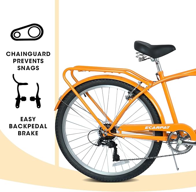 26 Inch 7-Speed Beach Cruiser Bike for Men & Women, Step-Through Comfort Frame, Upright Riding Position, Alloy Wheels & V-Brakes for Commuting & Leisure
