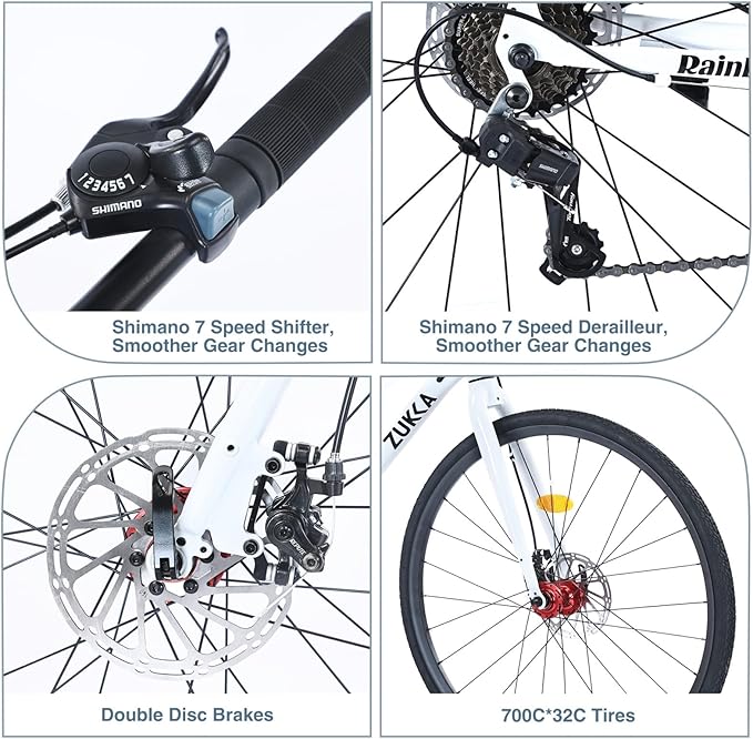 7 Speed Hybrid Road Bike for Men & Women, 700x32C City Commuter Bicycle with Disc Brakes, Steel Frame, Ideal for Outdoor & Fitness Cycling