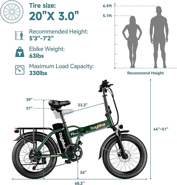 EUYBIKE Foldable Electric Bike for Adults, 30+MPH, 48V 20Ah Removable Battery up to 80Miles, 20" Fat Tire 1000W Peak Motor Adult Electric Bicycle for Beach Mountain E Bike Green with Safety Seat