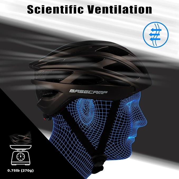 Bike Helmet, Basecamp Bicycle Helmet with Rear Light & Detachable Magnetic Goggles Lightweight Cycling Helmet Adjustable for Adult Men Women Mountain & Road (BC-069)