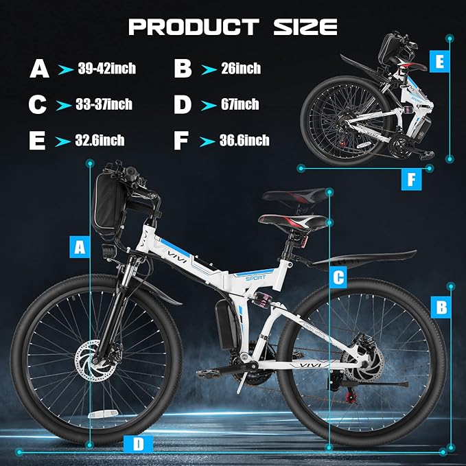 Vivi Electric Bike for Adults, 1000W Peak Folding Electric Mountain Bike 26'' Commuter Ebike 22MPH Foldable Ebike Adult Electric Bicycles with Battery, Dual Shock Absorber, SGS Certified to UL2849 | 750W Peak, Commuter Ebike, 22MPH, Removable Battery, ...
