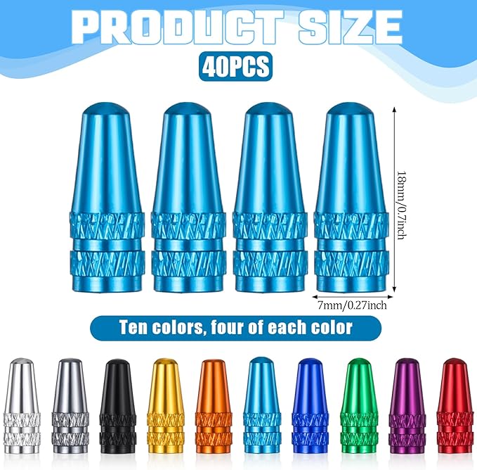 40 Pieces Presta Valve Caps, 10 Colors Bike Valve Cap, Aluminum Presta Valve Cover for Presta/French Valves Bike Tire Caps MTB Road Racing Bicycle, Hybrid Bike, Fat Bike, E-Bike, Rocket Style