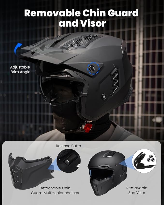 ILM Open Face Motorcycle 3/4 Half Helmet for Men and Women, Vintage Retro Helmet with Visor for Moped ATV Cruiser Scooter DOT Model Z302(Matte Black,X-Large)