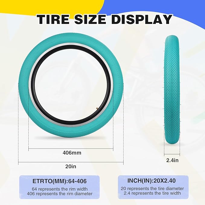 20 x 2.4 inch Bike tire Blue BMX tire 20 inch 2 Pack 20 Bike Tires,Kids Bike Tires Folding Replacement Tires Suitable for Bicycle Tires 20x2.35 20x2.4,20x2.5,3 Colors