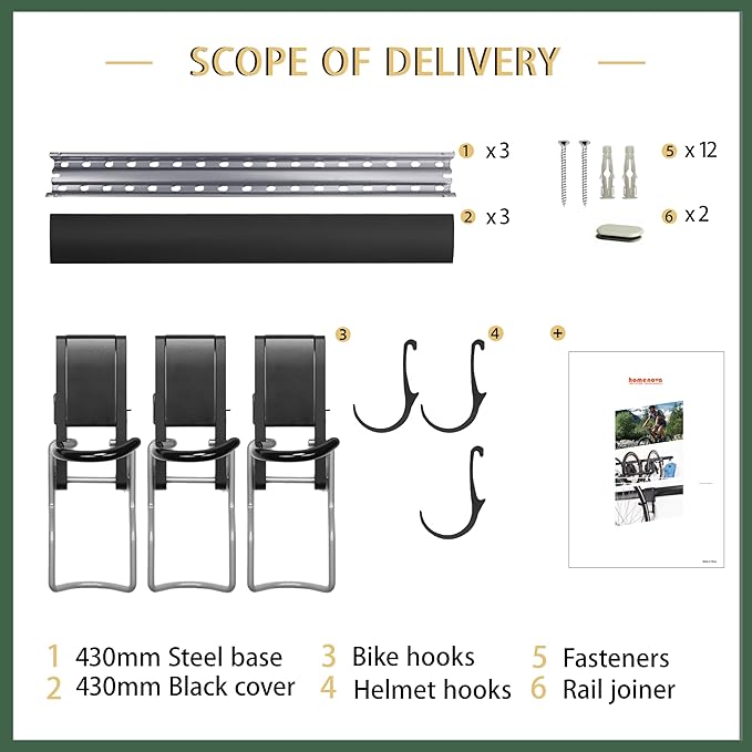 Adjustable Garage Bike Rack 6 hooks– Heavy-Duty Vertical Wall Mount Storage for 3 Bikes & 3 Helmets, Space-Saving Design, 750 lbs Weight Capacity